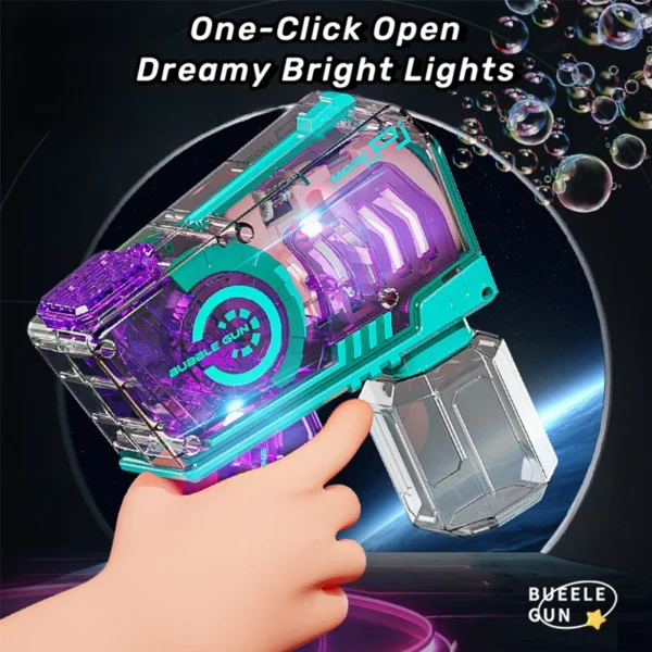 A child's hand holding a clear bubble gun.