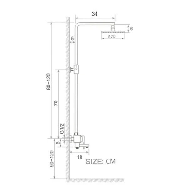 Line drawing of a shower head installation