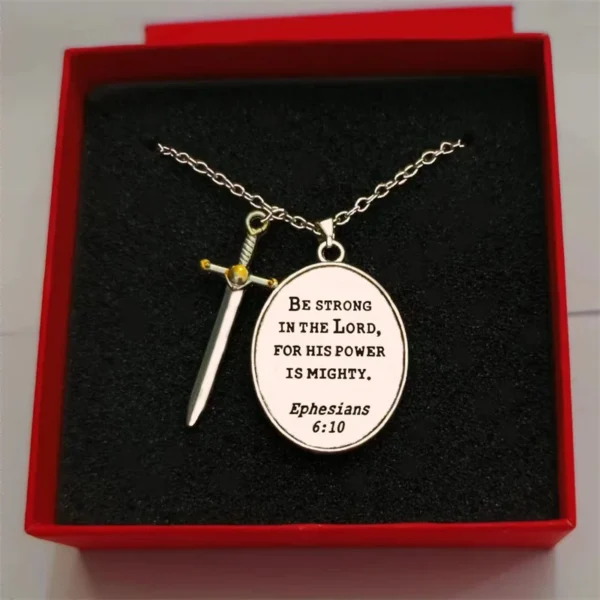 Silver sword necklace with Ephesians 6:10 verse.