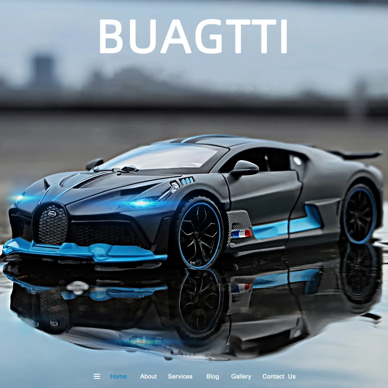 Black Bugatti Chiron toy car reflecting in water.