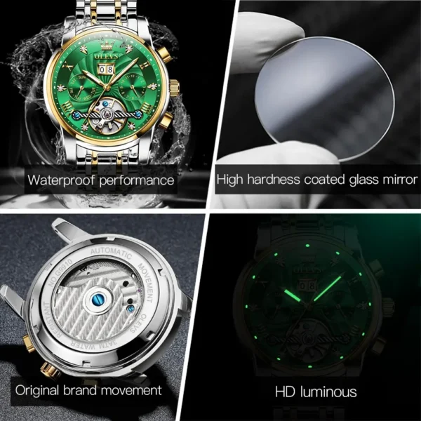 Green dial automatic watch with luminous hands.