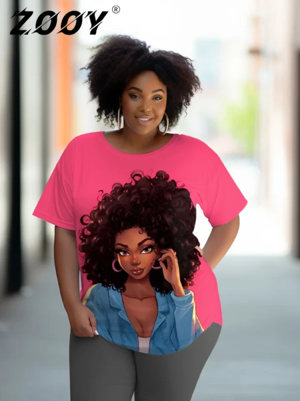 L-9XL Women's Plus Size Bust 202cm Round Neck Cartoon Black Girl Print Retro Hip Hop Trendy Short Sleeve T-shirt Top