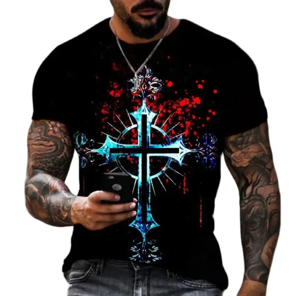 Men's 3D Cross-printed Short-sleeved T-shirt, Oversized Shirt, Vintage Clothing, 2023