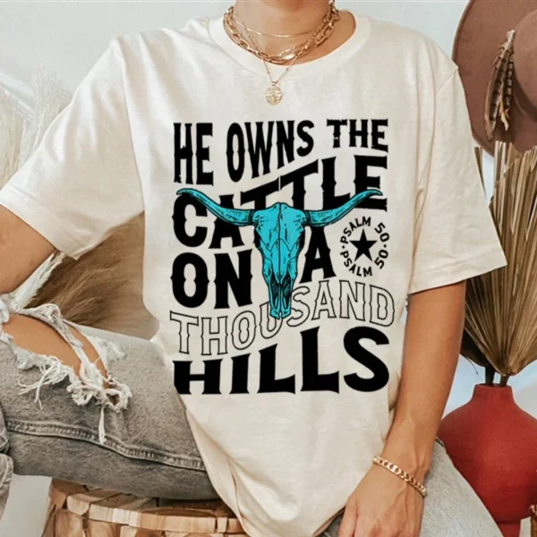 He Owns The Cattle Graphic Christians T-shirts Vintage Cotton Short Sleeve Loose Women T-Shirt Casual Western Christian Tshirts