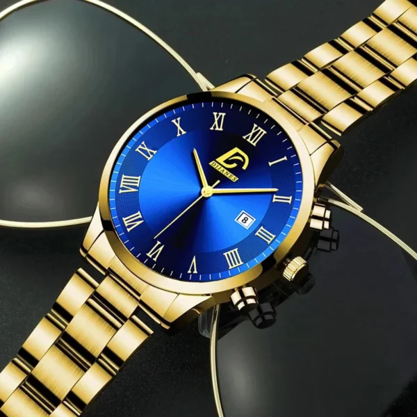 Gold watch with blue face and Roman numerals.