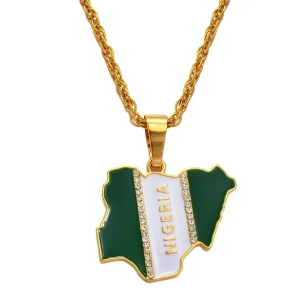 Gold necklace with Nigeria map pendant.