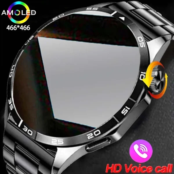 Black smartwatch with metal band and HD voice call.