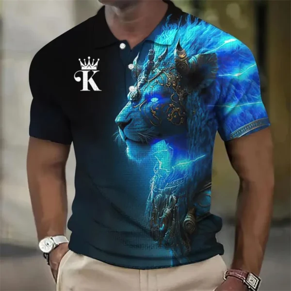 Animal Men's Polo Shirts 3d Lion Print Tops Daily Casual Lapel Tees Fierce Beast Graphic Men Clothing 2024 Short Sleeve T-shirt - Image 2