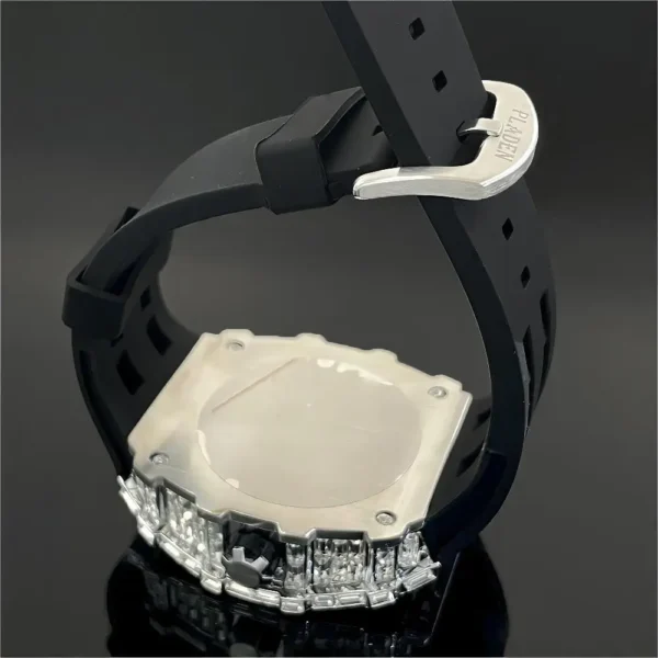 Diamond-encrusted watch with black band.