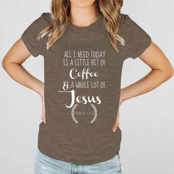 T-shirts for Women Coffee&Jesus Letters Graphic Christian Religious Belief Women Tshirt Retro Classic Short Sleeve Loose T Shirt - Image 4