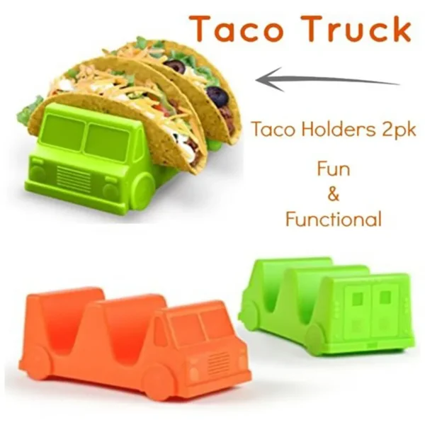 Two taco truck shaped holders for tacos.