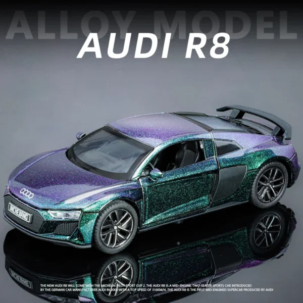 Green and purple Audi R8 model car.