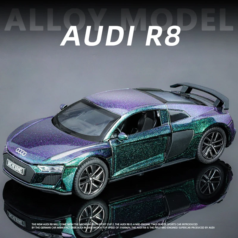 Green and purple Audi R8 model car.