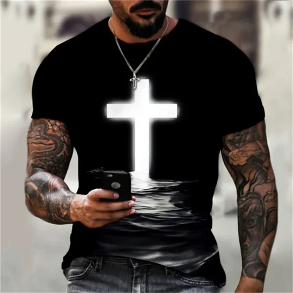 T-shirts For Men Cross Graphic Jesus Christ 3d Print Men's Tshirt Retro Classic Short-sleeved Loose Personality Oversized Tops - Image 4