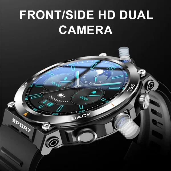 Black smartwatch with dual HD camera.