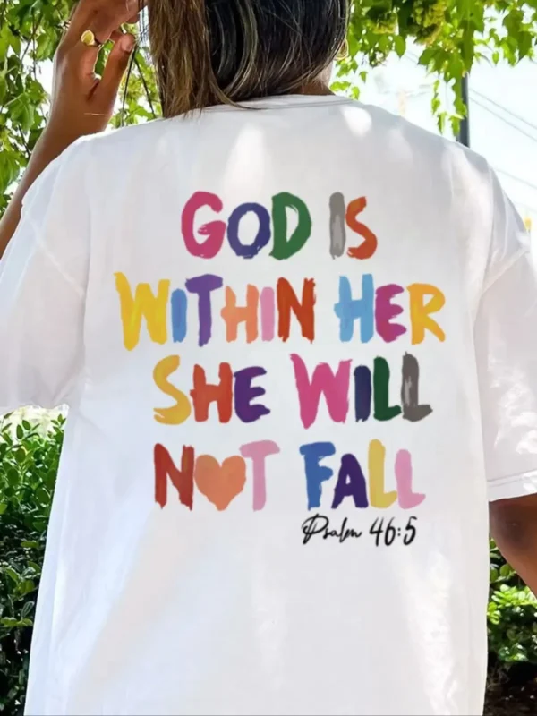 Women's Summer Loose Fit Shoulder T-Shirt Round Neck Sleeve With hand write GOD IS Within HER, SHE WILL NOT FALL Printed Fashion - Image 4