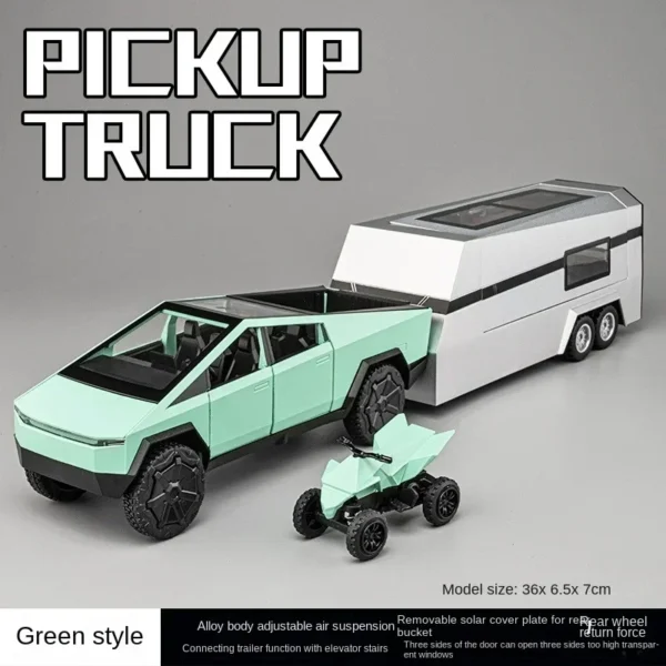 Green toy pickup truck with trailer and ATV.