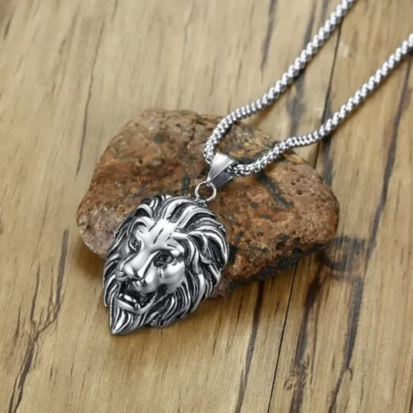 Silver lion head pendant necklace.