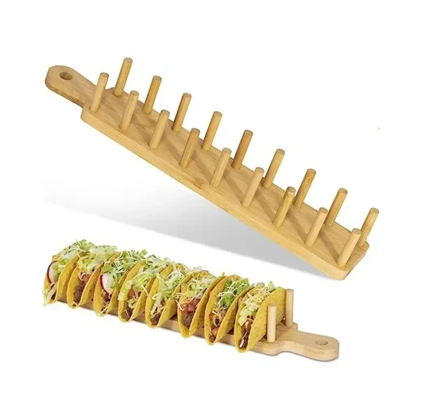 Bamboo taco holder with filled tacos.