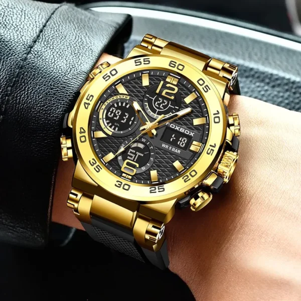 Gold analog-digital wristwatch on wrist.