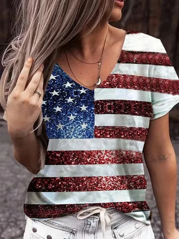 Fashion Women's 3D Print T Shirt USA Flag Harajuku T-shirt Summer Kawaii Tees V Neck Pluse Size Top American Lady Y2k Clothing