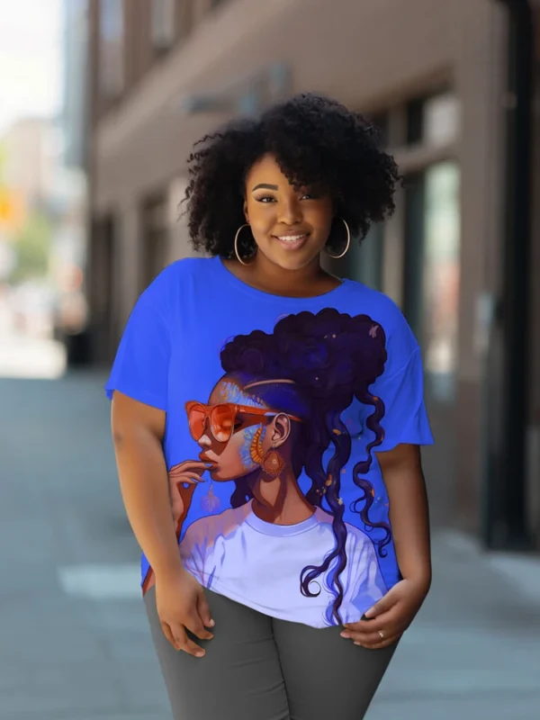 L-9XL Women's Plus Size Bust 202cm Round Neck Cartoon Black Girl Print Retro Hip Hop Trendy Short Sleeve T-shirt Top - Image 5