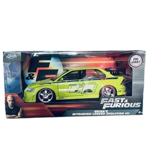 Green Mitsubishi Lancer Evolution VII diecast car.