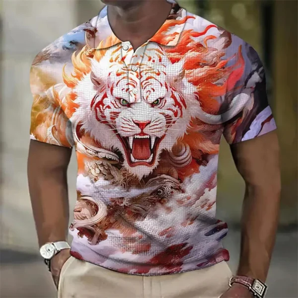 Animal Men's Polo Shirts 3d Lion Print Tops Daily Casual Lapel Tees Fierce Beast Graphic Men Clothing 2024 Short Sleeve T-shirt - Image 6