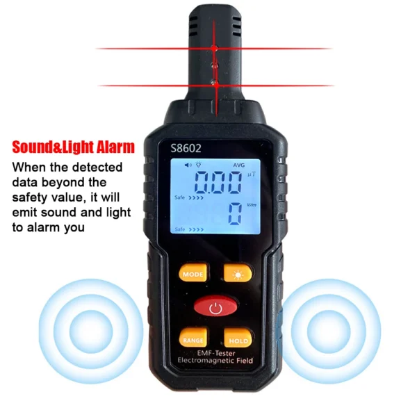 Black EMF meter with sound and light alarm.