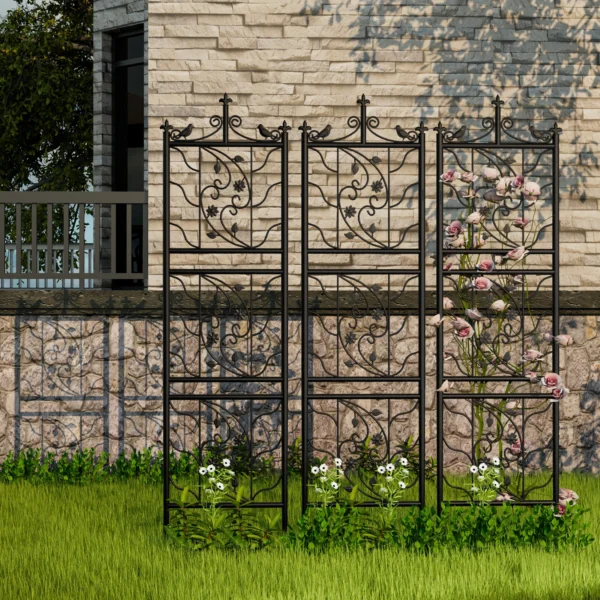 Ornamental metal garden trellis with flowers.