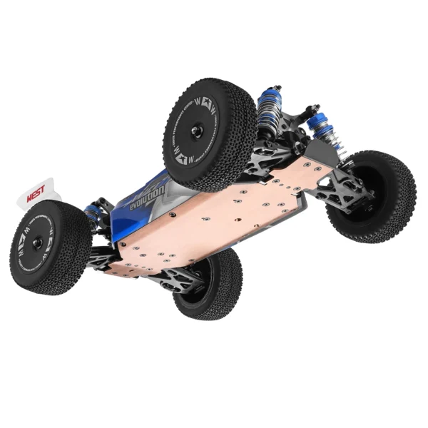 Blue and black RC car chassis upside down.