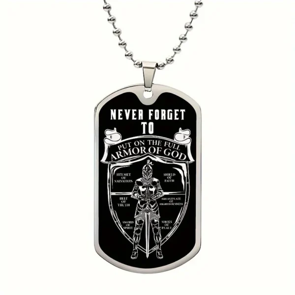 Silver chain with black armor of god tag.