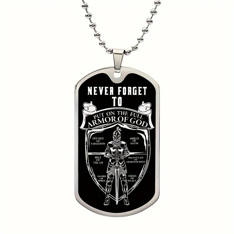 Silver chain with black armor of god tag.