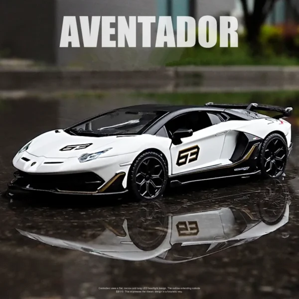 White Lamborghini Aventador SVJ model car.