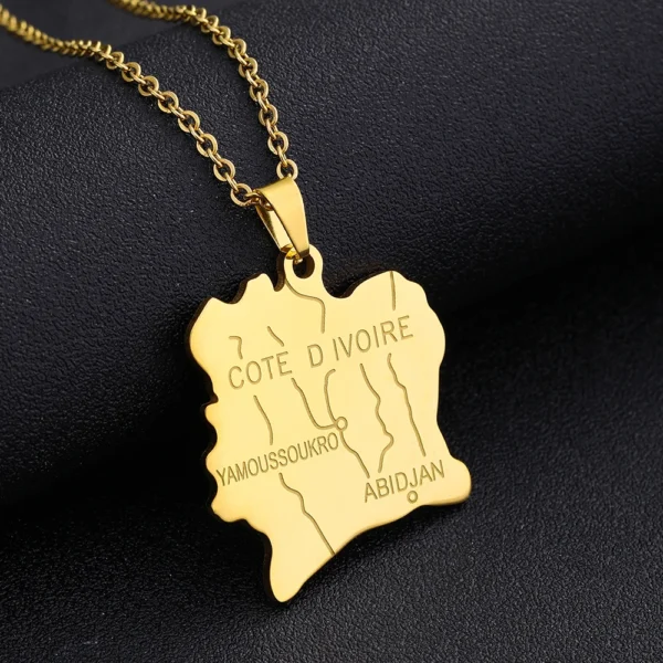 Gold necklace with Cte d'Ivoire map pendant.