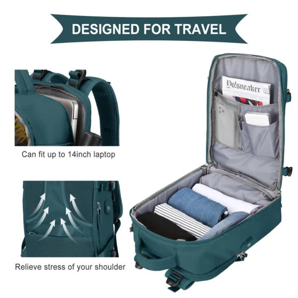 Teal travel backpack with laptop pocket.