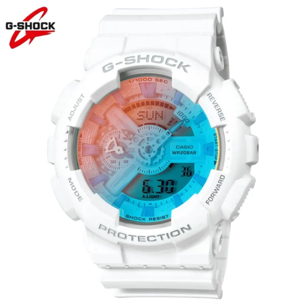 White G-Shock digital watch with blue and red face