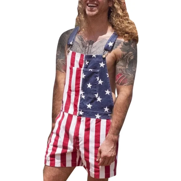 Summer American Flag Men's Jumpsuits Star Printed Women's Jeans Overalls Casual Light Weight Surpender Shorts Trousers - Image 6