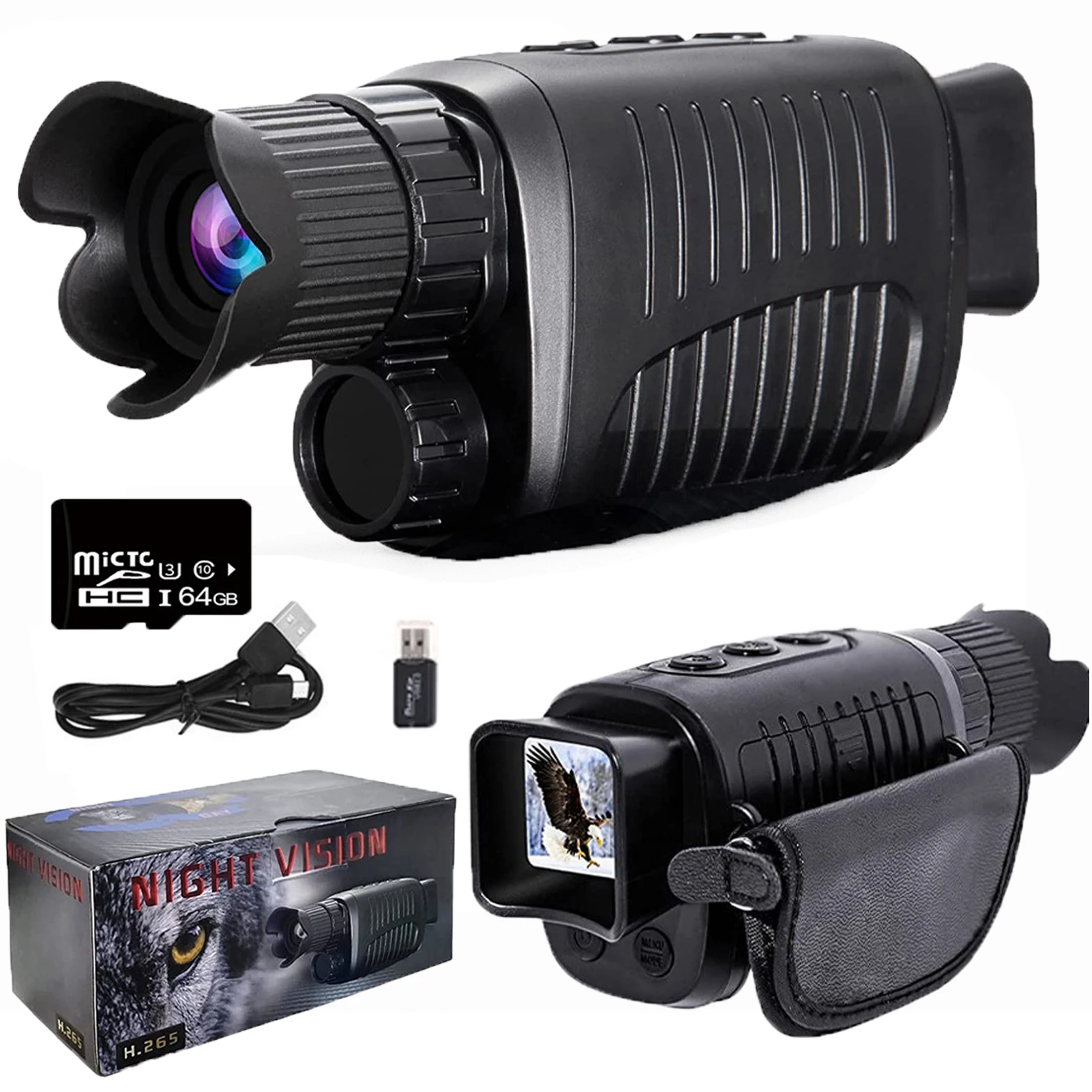 Black night vision monocular with screen and case.