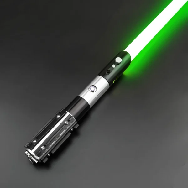 Green lightsaber with black and silver hilt.