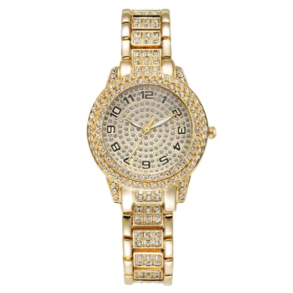 Gold jeweled wristwatch with black numbers.