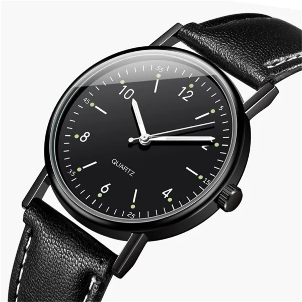 Black leather band quartz watch.