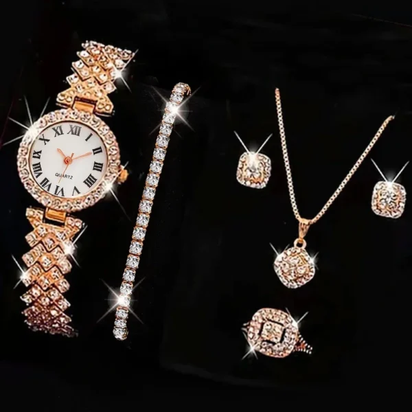 Gold watch, bracelet, necklace, and earrings.