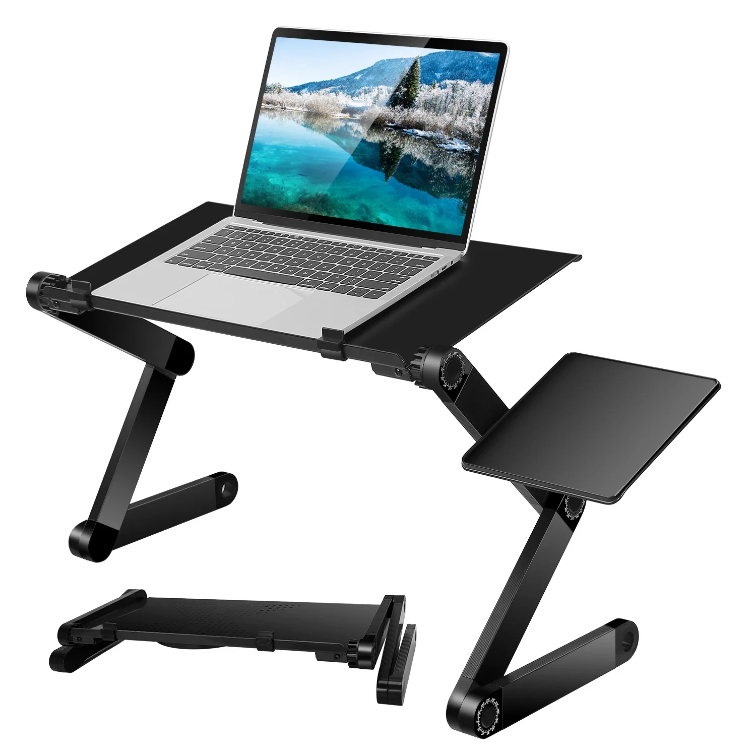 Black adjustable laptop desk stand.