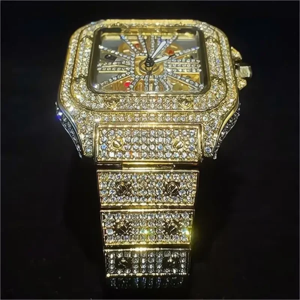 Diamond encrusted gold wristwatch with a skeleton face.