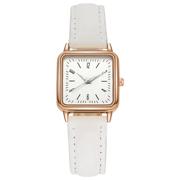 White leather strap square analog wristwatch.