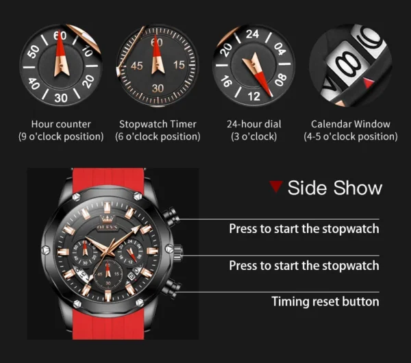 Black chronograph watch with red band.