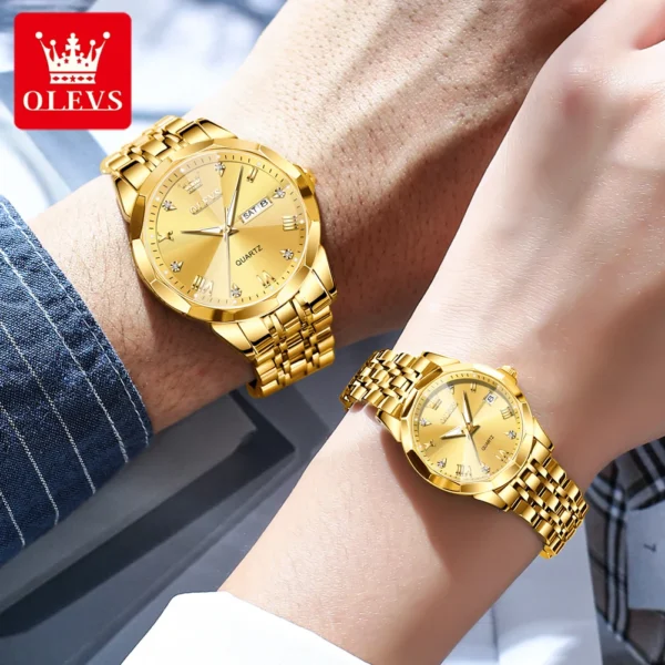 Couple wearing gold Olevs watches.