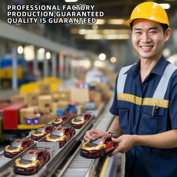 Factory worker holding a toy car.