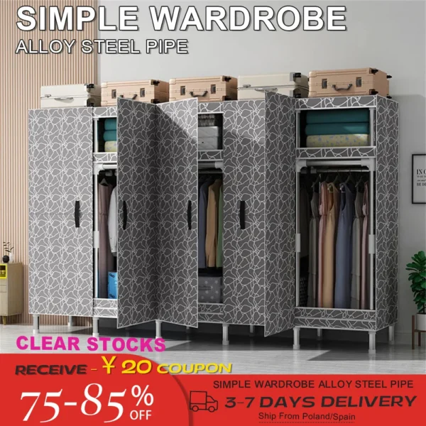 Gray patterned wardrobe with steel frame.